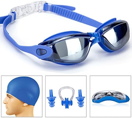 Kids Swim Goggles+Swim Cap+Case+Nose Clip+Ear Plugs,Mirror Coated Lenses Anti-Fog Shatterproof UV Protection,Triathlon Swim Goggles For Men Women Girls Youth Child By Blue