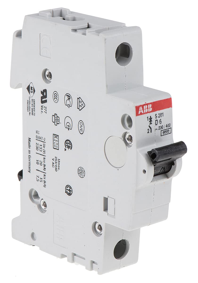ABB S201-D6 Miniature Circuit Breaker, 1 Pole, Type D, 6/10kA Breaking Capacity, 6 Amp Current (2CDS251001R0061)
