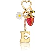 Giltnio Initial Keychain for Women Bubble Initial Letter Bag Charms with Strawberry Bee Daisy, Purse Handbag Accessory