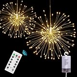 Onforu 2 Pack LED String Lights, 8 Modes Dimmable with Remote Control, Battery Operated Hanging Starburst Lights with 100 LED, IP65 Waterproof, Decorative Copper Wire Lights for Parties(Warm White)