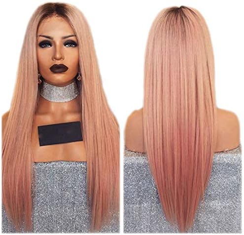 Long Straight Wig Ombre Pink Wig Lace Front Wigs High Temperature Synthetic Lace Front Wig With Brown Root Glueless Wigs For Black Women