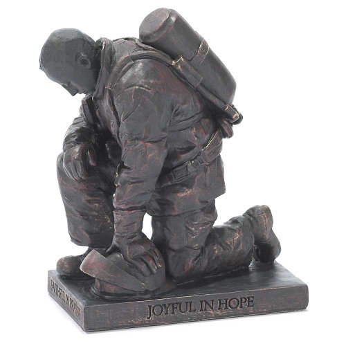 Joyful in Hope Praying Firefighter 5 inch Gray Resin Stone Table Top Figurine