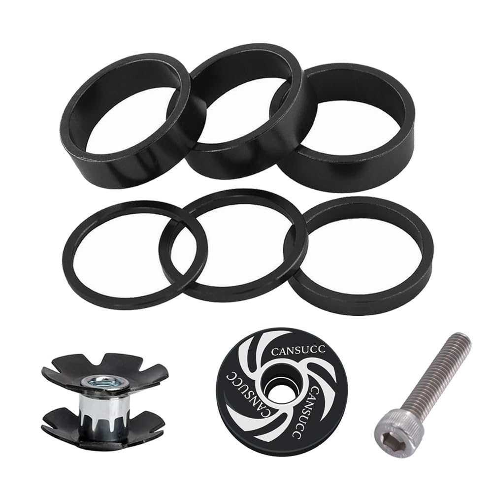Saipor 9PCS Aluminium Alloy Bicycle Headset Spacer 1-1/8 inch Bicycle Front Fork Stem Spacers Kit 2mm, 3mm, 5mm, 10mm with Stem Top Cap, Long Bolt, Headset Star Nut for MTB BMX Road Bike (Black)