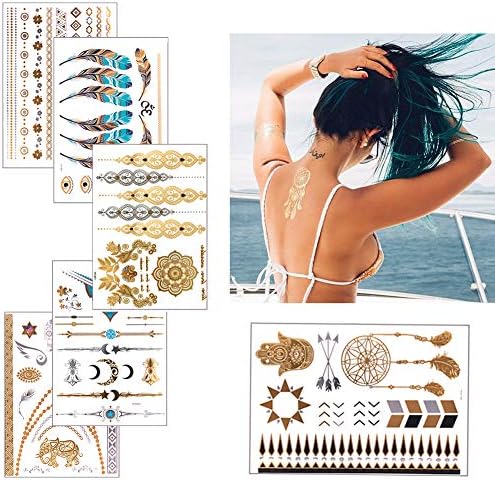 Metallic Temporary Tattoos for Women Girls - 6 Sheets Gold Silver Temporary Tattoos Glitter Shimmer Designs Jewelry Tattoos, 100+ Color Flash Fake Waterproof Tattoo stickers