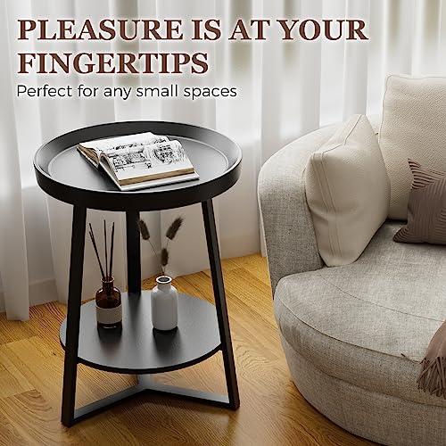 Gadroad Round End Table with Storage Shelf, 2 Tier Farmhouse Circle Side Table Nightstand Sofa Table for Living Room, Bedroom, Wood Tabletop & Black Metal Frame (15.7 * 15.7 * 23inches, Black)