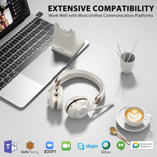 Wireless Headphones with Mic, Bluetooth Headset with Microphone Noise Canceling & Charging Base, Wireless Headset with Microphone Mute for PC/Teams/Zoom/Call Centers/Smartphones