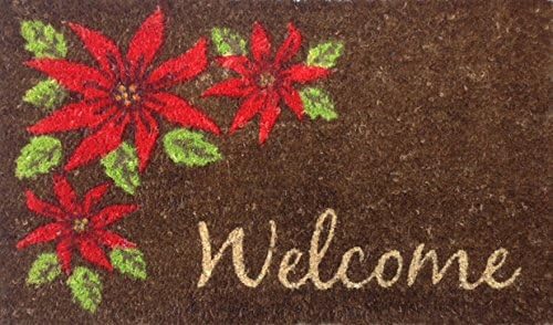Christmas Poinsettia Holiday Welcome Decor Doormat Coir Fiber with anti-slip PVC backing, 17"x 29"