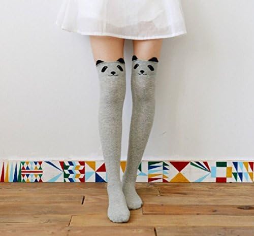 Jamemory Cute Cartoon Bear Cat Pattern Turb Up Rib Cotton Knee/ Thigh High Socks Stocking for Women Ladies (Light grey)