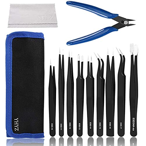 Precision Tweezers 10PCS & 170 Micro Cutter, Anti-Static ESD Tweezers Set Kit with Bag+ Micro Diagonal Cutting Pliers for Electronics, Sodlering，Jewelry, Craft, Laboratory Work etc