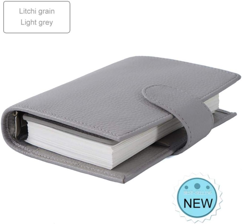 Qingb Genuine Leather Rings Notebook Brass Binder Mini Agenda Organizer Cowhide Diary Journal Sketchbook Planner Big Pocket,Litchi Light Grey,A7 Cover 142x115mm