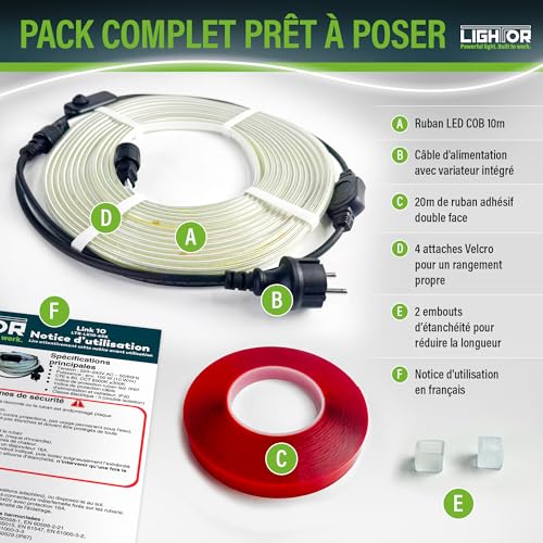 Lightor Link 10 – 220V COB LED Strip 10 m 6500 K Cool White – Continuous Light, Built-in Dimmer, Tool-free Expandable – Complete Kit IP65 Indoor/Outdoor