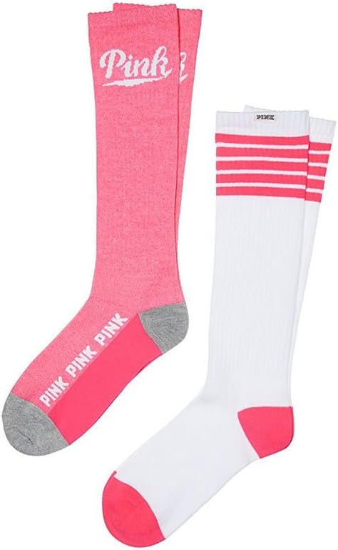 Victoria's Secret PINK! Knee High Socks 2 Pair OS Striped White/Coral
