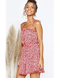 Angashion - Vestido de mujer con estampado floral con correas de espagueti y cordón sin espalda, cintura de verano, mini vestido
