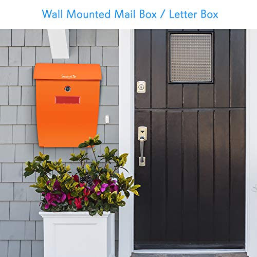 Modern Wall Mount Locking Mailbox - Indoor Outdoor Universal Vertical Mounted Mail box - ABS Plastic Large Capacity Home / Office Business Drop Slot with Secure Lock Keys - Serenelife SLMAB35 (Orange)