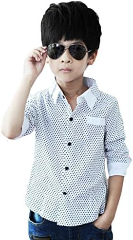 MowMee Little Boys' Casual Button Down Long Sleeve Dotted Print Shirt (140(6T), White)