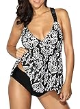 EVALESS Womens Plus Size Deep V Neck Printed Two Pieces Tankini Set Swimsuit X-Large