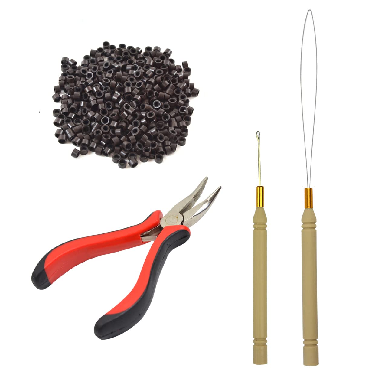 Hair Extensions Pliers Tool Kit I-tip Hair Pliers Pulling Hook Bead Device Tool Kits and 500 pcs 5mm Silicone Lined Micro Rings (Dark Brown)