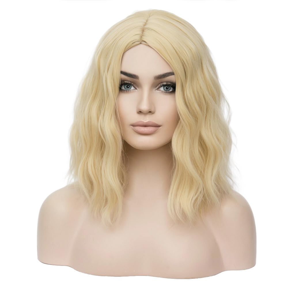 Photo 1 of BERON Blonde 12 Inch Wigs for Women Girls Short Curly Wavy Hair Wig 30 cm Light Blond Shoulder Length Body Wave Halloween Cosplay Daily Party Wigs (Light Blonde)