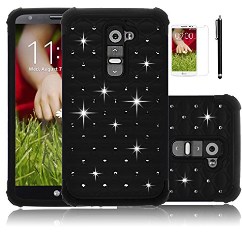 LG G2 Case,Sparkle Shimmer Case for LG G2,ECâ„¢ Heavy Duty Shock Absorbing Dual Layer Studded Rhinestone Bling Hybrid Protective Case Cover for LG G2 (Verizon, Sprint, Boost Mobile) with Screen Protector + Stylus (Black)