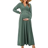 OUGES Fall Maternity Maxi Dress Long Sleeve Wrap V Neck Baby Shower Pregnancy Dresses for Photoshoot Maternity Clothes
