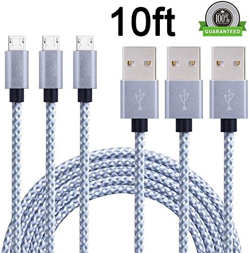 Airsspu Micro USB Cable,3Pack 10FT Extra Long Nylon Braided High Speed Android Charger USB to Micro USB Cable Samsung Fast Charger Charging Cord for Samsung Galaxy S7 Edge/S6/S4/Note 5/Note 4(Gray)