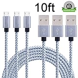 Airsspu Micro USB Cable,3Pack 10FT Extra Long Nylon Braided High Speed Android Charger USB to Micro USB Cable Samsung Fast Charger Charging Cord for Samsung Galaxy S7 Edge/S6/S4/Note 5/Note 4(Gray)