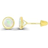 Solid 14K Gold Hypoallergenic 5mm Round Solitaire Birthstone Bezel Screw Back Stud Earrings