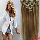 Clip in Remy Human Hair Extensions 12/613# Light Brown with Bleach Blonde 7pcs 70g