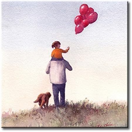 Father and Daughter with Dog and Balloon Art Tile Print on Ceramic with Hook or with Feet Indoor Use - Gift for Girls