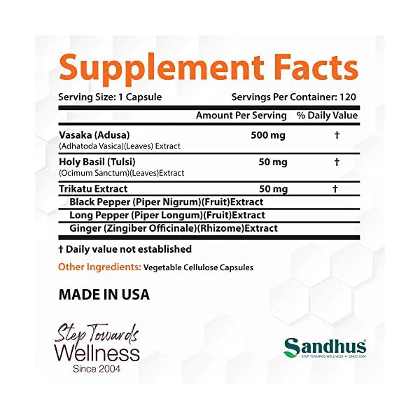 Vasaka Lungs & Respiratory Support Supplement with Holy Basil, Black