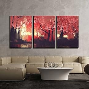 Night Scene of Autumn Forest Fantasy Landscape Painting x3 Panels