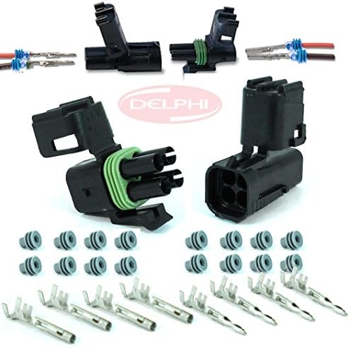 Delphi Packard (4 Circuits) Square Dual 2x2 Weatherpack, Completed Waterproof Set, Socket, Sealer & Terminal Kit 14, 16 AWG - Pack of (3)