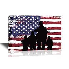 Military Family Silhouette of Troops on American Flag Background