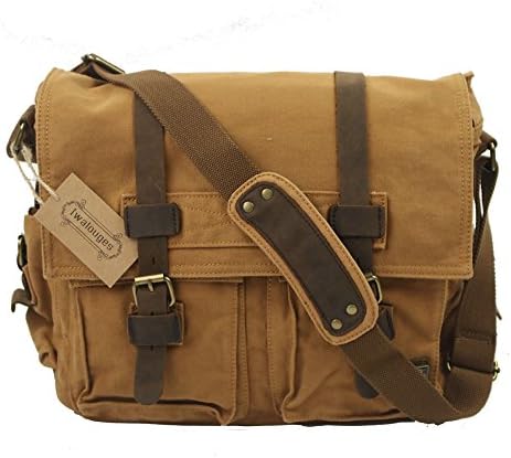Men's Shoulder Bag Vintage Military Men Canvas Leather Messenger Laptop School Cross Bag Satchel (Yellow)