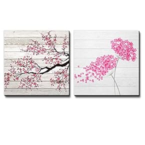 Illustration of a Branch of Cherry Blossoms Along with Pink Flowers Being Blown Away Over White Wooden Panels - Canvas Art Home Art - 12x12 inches