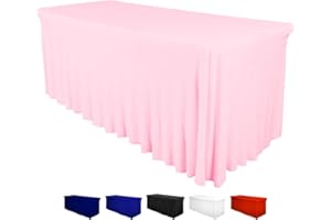 DESTINATION Table Skirt for Rectangular Tables 6ft - Baby Shower Spandex Table Covers for Standard 6 Foot Table - One Piece Fitted Elastic Tablecloth - Stretchy Ruffles Design for Gender Reveal Party (6 ft, Pink)