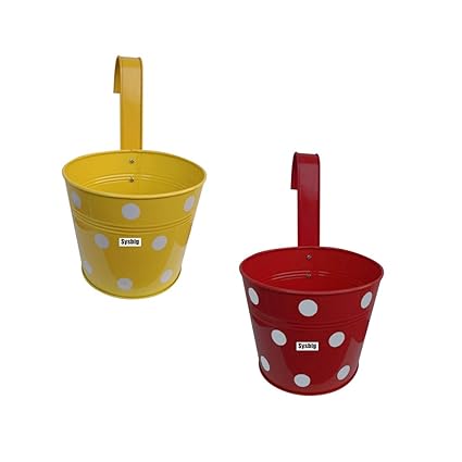 Kraftsplanet Garden Decor Set of Two Polka Design Railing with Detachable Hooks and Handle Planter Container Set. vfufu