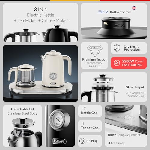 Feller Germany 2200 W 2-in-1 Retro Teamaker/Coffee Maker +1.7L Stainless Steel Electric Kettle with Strix, Adjustable Touch Teapot Temp+LED Display, TS490, 2Y Guarantee-UAE Version (Cream)