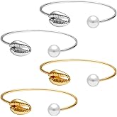 HOBBIESAY Shell Pearl Torque Irregular Shape Bangles for Women Adjustable Cuff Bangles with Pearl Summer Style Bracelets Jewelry Set Open Cuff Bangle for Women Jewelry Gifts