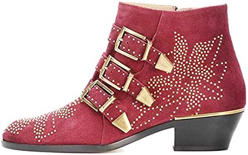 GEEDIAR Leather Ankle Boots Women Rivet Booties Studded Shoes Metal Buckle Shoes Low Heels
