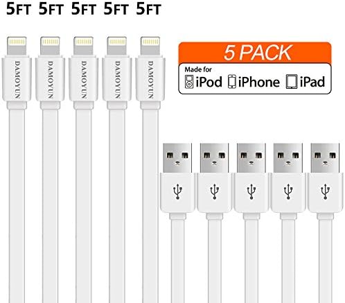 DAMOYUN Lightning Cable 5PACK 5FT ,Charger Cable for Apple iPhone X 8/8 Plus 7/ 7 Plus/6/6s/6 plus/6s plus/ 5s/5c,iPad, iPod Charging Cord More (White)