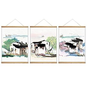 3 Panel Hanging Poster with Wood Frames - Chinese Watercolor Style Traditional Houses - Ready to Hang Decorative Wall Art - 18"x24" x 3 Panels