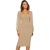 ODIZLI Women's Ruched Bodycon Dress Long Puff Sleeve Square Neck Mesh Cocktail Party Midi Dresses