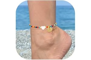 KAERUN Initial Ankle Bracelets for Women Waterproof Handmade Colorful Beaded Anklets for Women Disc 18K Gold Plated Letter Heart Anklet Boho Beach Anklets for Teen Girl Gifts Trendy Vacation Foot Jewelry