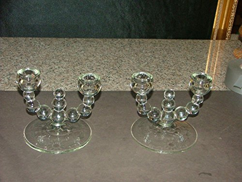 Pair Vintage Paden City Chystal Gazebo 9 Ball Wheel Cut Double Candle Holders
