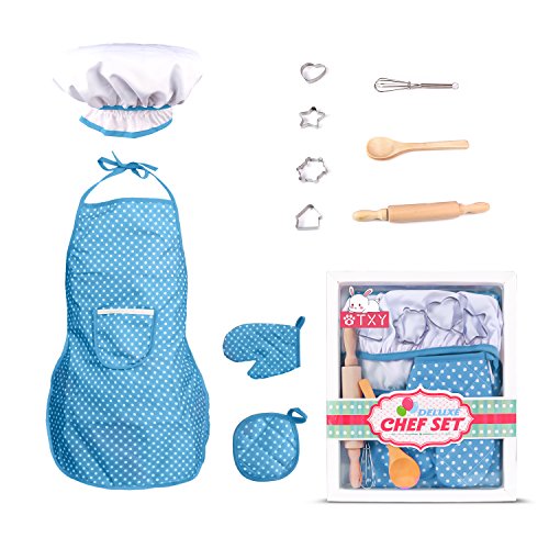 TXY Chef Set for Kids,11 pcs Kids Chef Role Play Costume Set Toddler Dress Up, Kids Apron with Chef Hat,Cooking Mitt and Cookie Cutters Boys Gift (Blue)