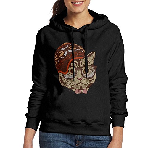 Hipster Cat With Sweater Geometric Hat Women's Long Sleeve Hoodie XXL Black-none Front Pocket
