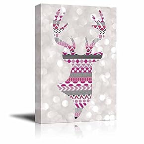 Pink Deer Silhouette with zentagle Patterns on a Silver Colored Bokeh Background - Canvas Art Home Art - 12x18 inches