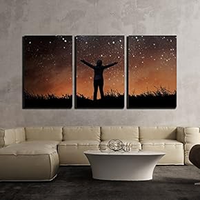 3 Piece Canvas Wall Art - Girl Watching The Stars in Night Sky - Modern Home Art Stretched and Framed Ready to Hang - 16"x24"x3 Panels