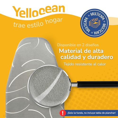 Yellocean Turbo Ironing Board Cover Suitable for 120 x 40 cm, 120 x 45 cm and up to 125 x 45 cm – Heat Reflective – Easy Assembly with Elastic – Double Padded – Size M